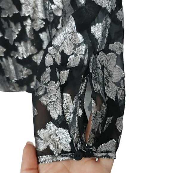 NWT CLUB MONACO Black silk silver floral embroidery sheer blouse - Picture 8 of 16